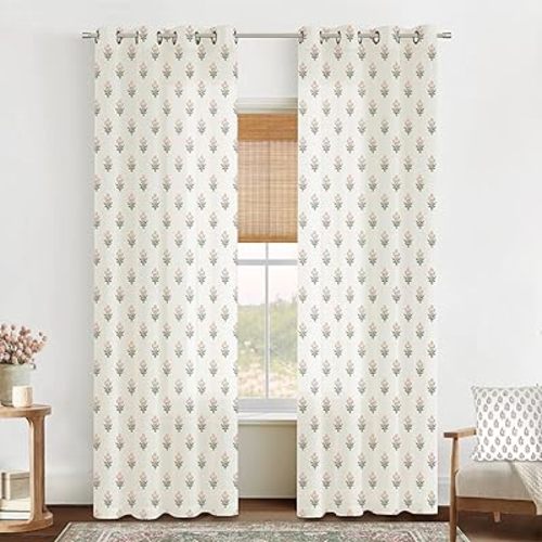 Pink Curtains 2 Panel Sets for Bedroom Girls Nursery,Light Blush Pink and Green Floral Boho Cute Sheer Curtains for Living Room Aesthetic Coquette Teen Girl Room Decor