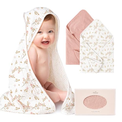 Konssy 2-Pack 100% Muslin Cotton Hooded Baby Bath Towels for Boys and Girls | 32 x 32 In, Ultra-Soft & Absorbent, Bath Towels With Hooded for Infants Newborns Toddlers, Machine Washable (Pink, Floral)