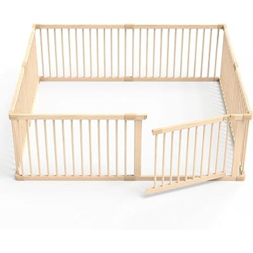 JimberBay Wooden Baby Playpen, X-Large Size Adjustable Baby Playard for Babies and Toddlers with Safety Gate, CPC Certified Play Fence