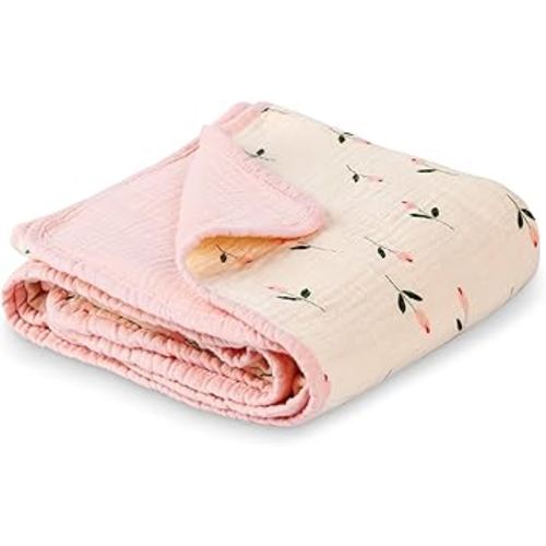 Muslin Baby Blanket Crib Blanket, Double-Sided for Girls, 40x40 Inch - Pink & Floral Print Quilt Blankets, Soft Breathable Toddler Blanket for Infants & Toddlers, Naptime/Bath/Stroller
