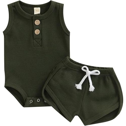 Ledy Champswiin Summer Newborn Baby Boy Girl Clothes Set Ribbed Outfits Unisex Infant Solid Short Sleeve Tops Shorts 2PCS