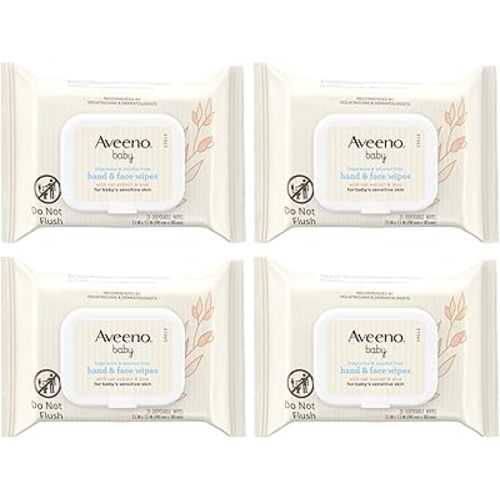 Aveeno Baby Fragrance-Free Hand & Face Wipes with Oat Extract & Aloe, Cleansing & Moisturizing Baby Wipes for Sensitive Skin, Sulfate-, Alcohol-, Paraben- & Dye-Free, Hypoallergenic, 25 ct (Pack of 4)