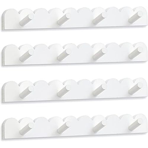 Leinuosen 4 Pack Scalloped Coat Rack Wall Mount Cute Nursery Wall Hook 16 Inch 16 Hooks Wood Backpack Hanger for Toddler Kids Clothes Hat Towel Keys Bathroom Classroom Playroom Nursery Decor