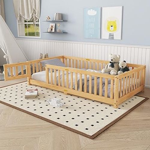 Bellemave Twin Floor Bed with Slats and Center Support Bar, Montessori Bed with Fence and Door, Kids Wood Bed, Natural