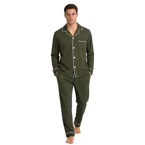U2SKIIN Mens Cotton Pajama Set, Soft Long Sleeve Pajamas for men Lightweight Button Up Sleepwear Lounge Pjs Set with Pockets
