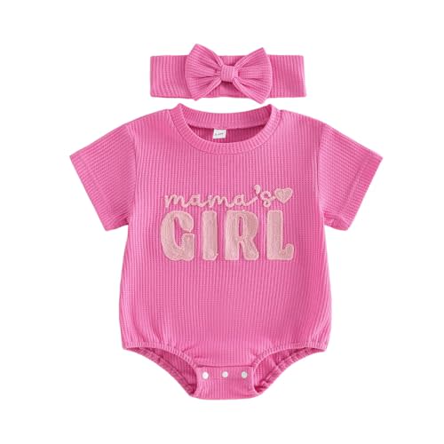 Baby Girl Clothes Mamas Girl Outfit Cute Letter Embroidered Waffle Bubble Romper Onesie Tee Shirt