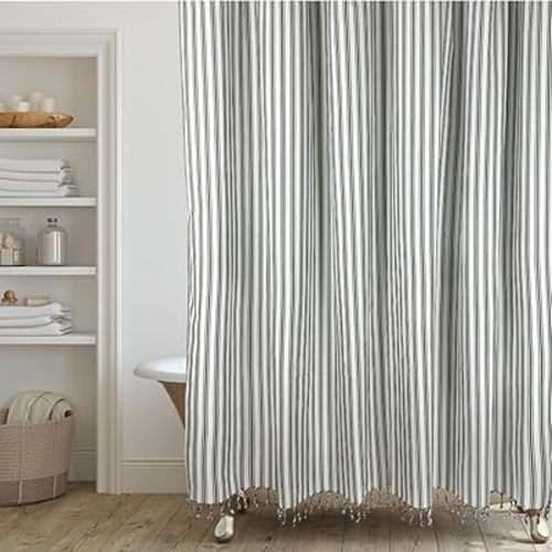 HALL & PERRY Modern Transitional Stripe Shower Curtain with Tassels - Vertical Black and Cream Lines Striped, 72" x 72"