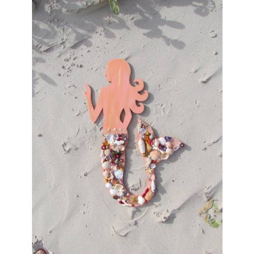 Large Wood Mermaid with Seashells, Sea Glass, Beads and Jewels