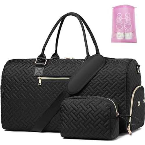 Duffle Bag for Travel, Weekender Bag with Shoe Compartment, Carry On Overnight Bag for Women with Toiletry Bag, Gym Bag with Wet Pocket, Hospital Bags for Labor and Delivery Beige