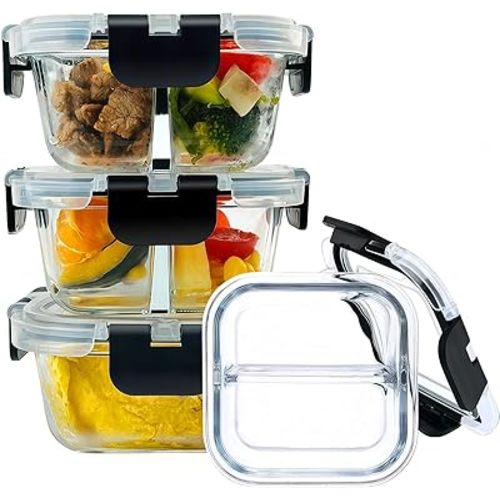 Bariatric Meal Prep Containers, 8 oz Glass Bariatric Portion Control Containers with Two 4 oz Compartments (3 Pack), Reusable Lunch Box Bento Box with Lids, Glass Snack Containers with Lids