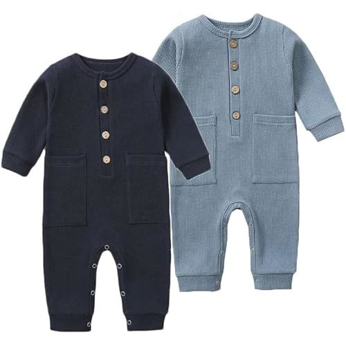 BeiVSlley Newborn Baby Boy Girl 2 Pack Button Solid Romper Infant Long sleeve Knit Cotton Footless Outfits Clothes