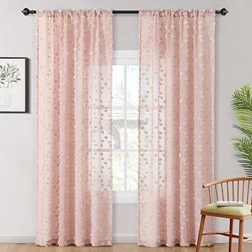 MYSKY HOME Pom Pom Pink Sheer Curtains for Bedroom Girls Room Dusty Rose Curtains 84 Inches Long for Nursery Kids Light Filtering Boho Window Drapes, Rod Pocket, 52" Wide, 2 Panels