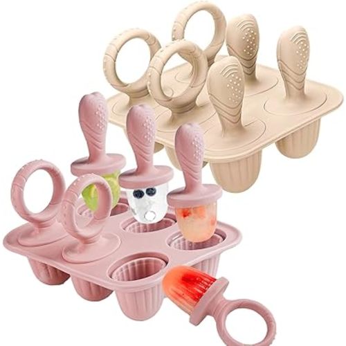 Silicone Baby Popsicle Molds, Jrisbo Mini 6-Cavity Toddlers Ice Pop Mold with Sticks, Breastmilk Popsicle Molds Teethers for Teething Relief,Easy Release Ice Lolly Mould for Yogurt (Beige & Pink)