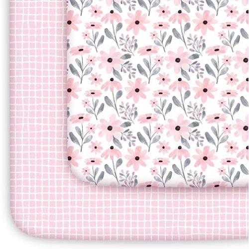 Yoofoss 2-Pack Pack and Play Sheets Fitted 38x26 (Gingham+Pink)