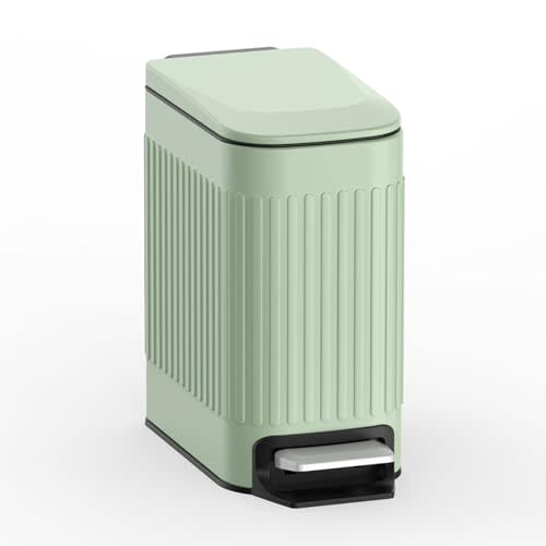 TrashAid Slim Bathroom Trash Can with Lid Soft Close & Pedal, 1.6Gal, Green | Removable Inner Bucket, Stainless Steel Garbage Can, Small Wastebasket for Toilet/Office/Bedroom, Retro Design, Odor Control