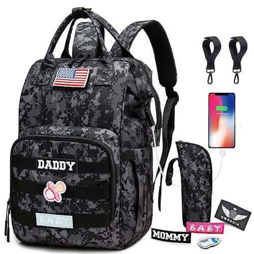 Camo Diaper Bag Backpack for Dad and Mom with USB Charging Port Stroller Straps and Insulated Pocket,army military Travel Nappy Backpack (DADDY and MOMMY patches)