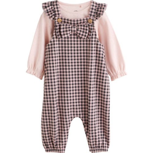 Pointelle Bodysuit & Bow Accent Check Overalls Set, 6-9M