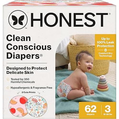 The Honest Company Clean Conscious Diapers for Delicate Skin | Up to 100% Leakproof | Hypoallergenic, Fragrance Free | Girl Prints | Club Box, Size 3 (16-28 lbs), 62 Count (Prints May Vary)