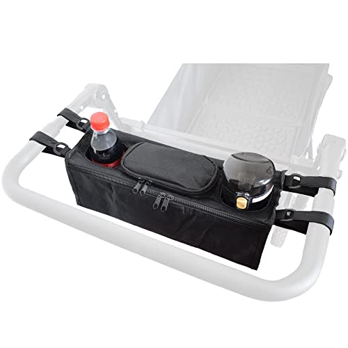 Non-Slip Organizer for Wagon, Parent Console Caddy with Cup Holders Universal for Folding Kids Pet Stroller Adjustable Straps Zippered Pockets Storage Phone Bag Attachment Accessories Black
