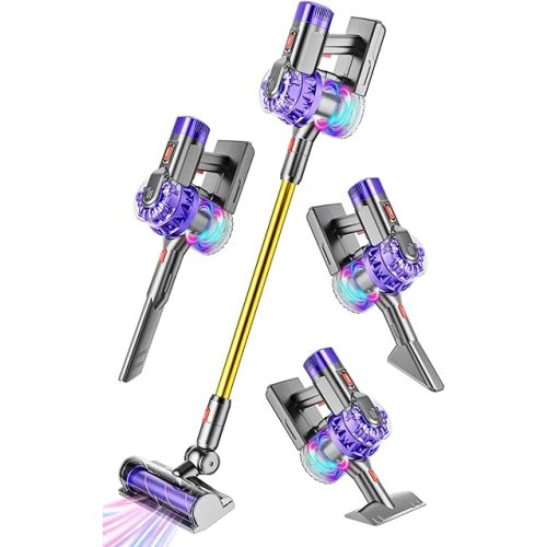 4-in-1 Kids Vacuum That Really Work, Toddler Pretend Play Cleaning Toy Set W/ Light & Sound, Interactive Toy Cleaner Birthday Idea for 3 4 5 6+ Year Girl Boy (Purple/Golden)
