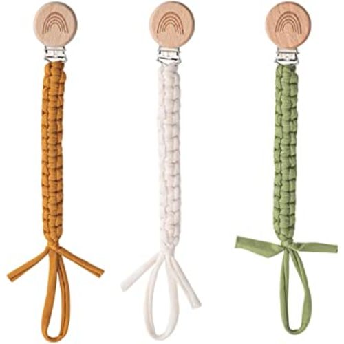 Pacifier Clip for Boys Girls Pacifier Holder Leash Boho Rainbow Wooden Clips Handmade Braided Cotton Unisex Baby Shower Birthday Gift Christmas Gift