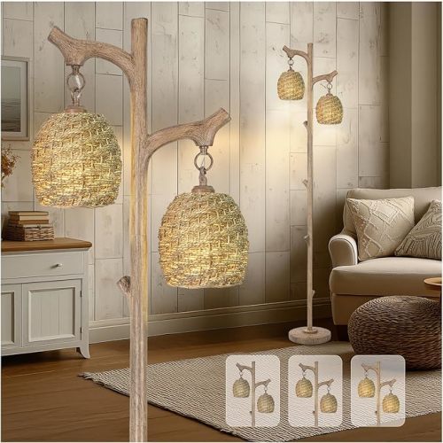 Scenekoy Vintage 68” Tall Floor Lamp with Straw Rope Woven Shade, Retro Resin Standing Lamp Tree Trunk Finish, Dimmable Corner Lamp Stand Up Light with Bulb Prefer for Living Room Bedroom Home Decor