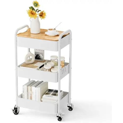 3 Tier Rolling Cart with Table top, Metal Rolling Utility Cart on Wheels, Sturdy Storage Organizer Cart with Hooks for Office, Classroom, Kitchen and Bathroom (White)