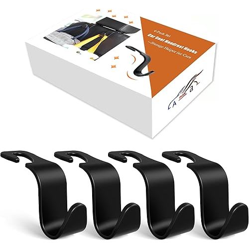Amooca 4-Pack Car Headrest Hooks Vehicle Storage Organizer for Purses Handbags Groceries Backpack Coats –Holds 55lbs 360° Rotating Black