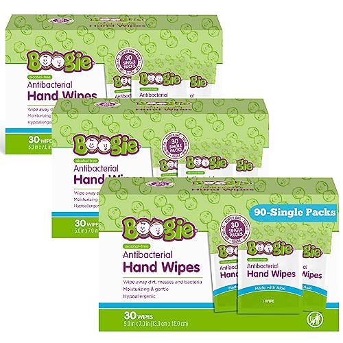 Antibacterial Hand Wipes by Boogie, Alcohol Free, Hypoallergenic and Moisturizing Aloe, Hand Wipes for Kids and Adults, Single Packs, 30 Wipes (Pack of 3)