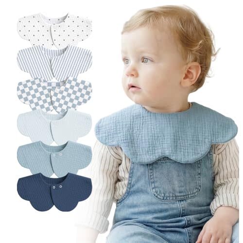 MairMore 6-Pack Muslin Baby Bibs, 360° Rotate Flower-Shaped Drool Bibs | 100% Cotton, Soft & Absorbent, Designed for Drooling & Teething Babies, for Boys and Girls Aged 0-36 Months (Blue)