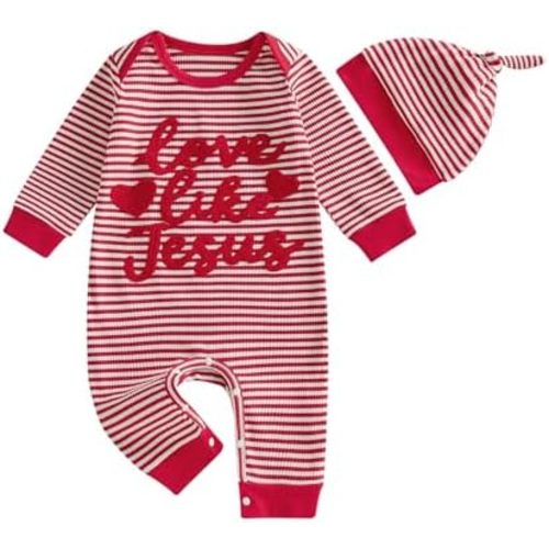 ZAXARRA Newborn Boy Stripe Romper Letter Embroidery Round Neck Jumpsuit with Hat