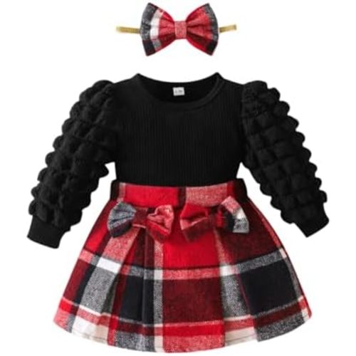 Toddler Baby Girl Plaid Dress Puff Sleeve Bow Patchwork Ribbed Shirts Dress Plaid Fall Winter Outfits with Headband