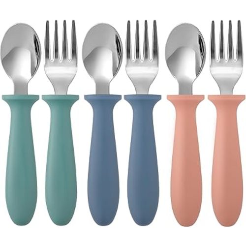 Pimoys 6 Pieces Toddler Utensils, Kids Silverware Set with Plastic Handle Stainless Steel Children Forks and Spoons, Dishwasher Safe