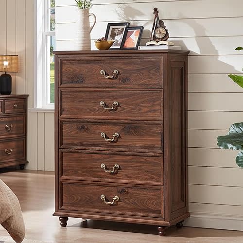 Joaxswe Farmhouse 5 Drawer Dresser for Bedroom, 45" Tall Rustic Chests of Drawers w/ 4 Solid Wood Feet, Mid Century Modern Wooden Closet Storage Dressers Organizer for Living Room, Hallway, Brown