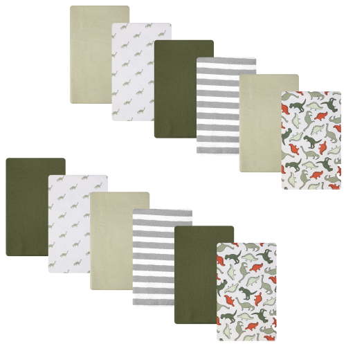 Hudson Baby Cotton Flannel Burp Cloths 12-Pack Bundle, Multi Color Dino, One Size