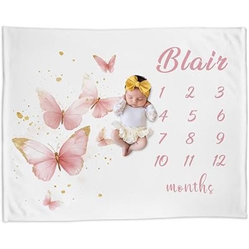 Custom Baby Girl Milestone Blanket with Name – Personalized Pink Butterfly Monthly Blanket for Newborn, Soft for Girls, Photo Prop Blankets for New Moms