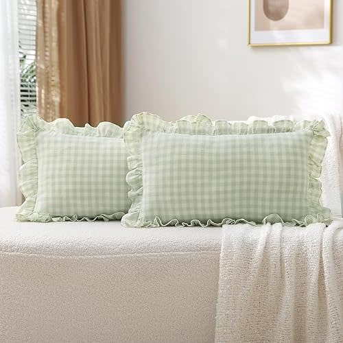 2 Pack Pile Green White Plaid Ruffle Gingham Lumbar Throw Pillow Covers, 100% Washed Cotton Checkered Farmhouse Decorative Pillow Shams for Bed/Sofa - 20''x12''