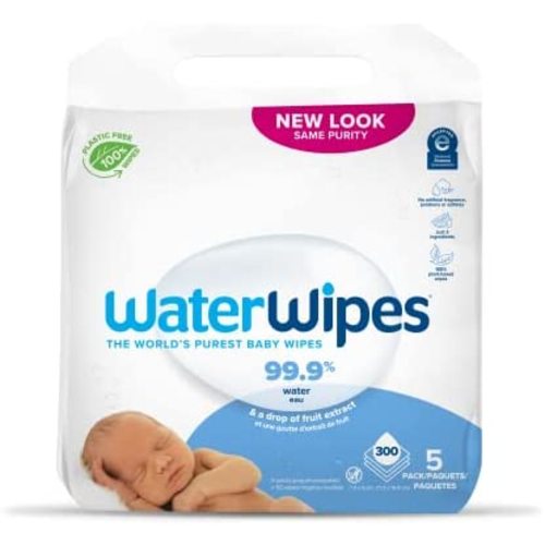 WaterWipes Plastic-Free Original Baby Wipes, 99.9% Water Based Wipes, Unscented & Hypoallergenic for Sensitive Skin, 300 Count (5 packs), Packaging May Vary