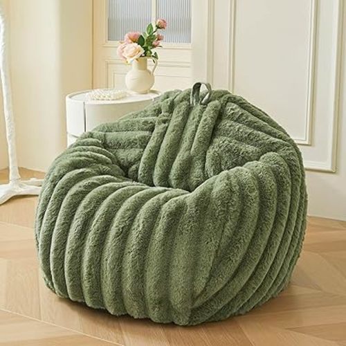MEGO Kids Fluffy Faux Rabbit Fur Bean Bag Chair Cover(No Filler), Cozy Moss Shaggy Striped Stuffed Animal Storage Bean Bag for Plush Toys, Fuzzy Ribbed Beanbag Cover Kids Girls Teens Adult, Sage Green