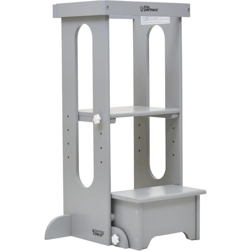 Little Partners Foldable Toddler Tower, Learning Tower Explore 'N Store Montessori Standing Kitchen Tower with Folding Step Stool Platform for Cooking and Learning, Ages 2+ (Silver Drop)