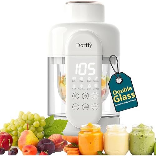 Baby Food Maker Glass Baby Steamer and Blender Glass Reservoir and Bowl 12oz Food Processor Puree Maker for Baby No Plastic Food Blender with 6 Stainless Steel Blades Self Clean, Timer, Recipe