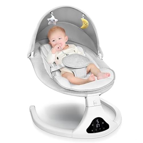 Electric Baby Swing with Remote Control - 5 Natural Motion Speeds, Detachable Seat Pad | Portable Infant Swing for Indoor/Outdoor Use (0-12M, 20lbs) (Grey)