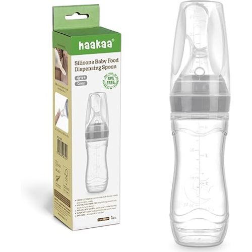 Haakaa Silicone Baby Food Dispensing Spoon Feeder 4oz - Infant Squeeze Cereal Feeder, Baby Fresh Food Feeder, Feed Bottle for Puree, Solid Baby Food, BPA Free, 4m+ Babies – Grey