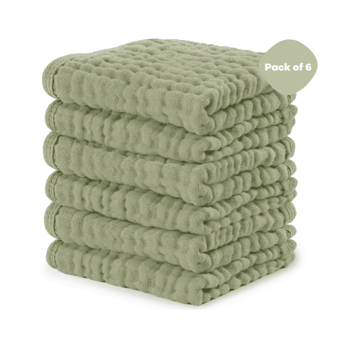 Comfy Cubs Baby Washcloths, Muslin Cotton Baby Towels, Large 10”x10” Wash Cloths (Sage, Pack of 6)