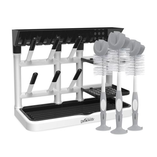 Dr. Brown's Drying Tower, Stand-Up Rack with Reusable Sponge Baby Bottle Cleaning Brush Set, 3-Pack, Grey