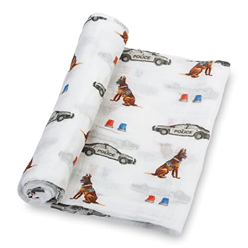 LollyBanks Muslin Swaddle Blanket, 100% Muslin Cotton Blankets for Baby Boys, 47 X 47 Inches Soft and Cozy Swaddle for Newborn Baby, Newborn Essential (Police Dog Print)