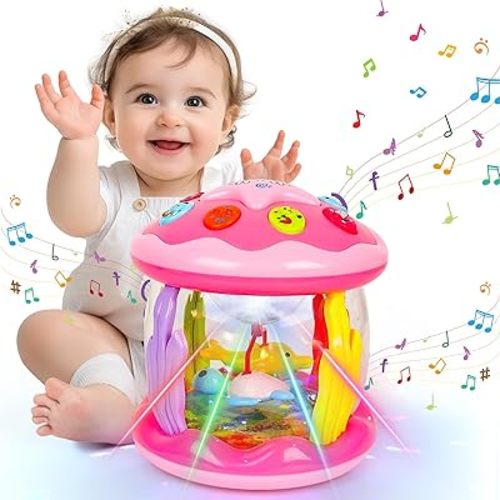 M SANMERSEN Baby Girl Toys 6-12 Months - Babies Ocean Rotating Projector Light Up Musical Toys for 12-18 Months Crawling Learning Tummy Time 1 2 Years Old Infant Boys Girls Gifts - Pink