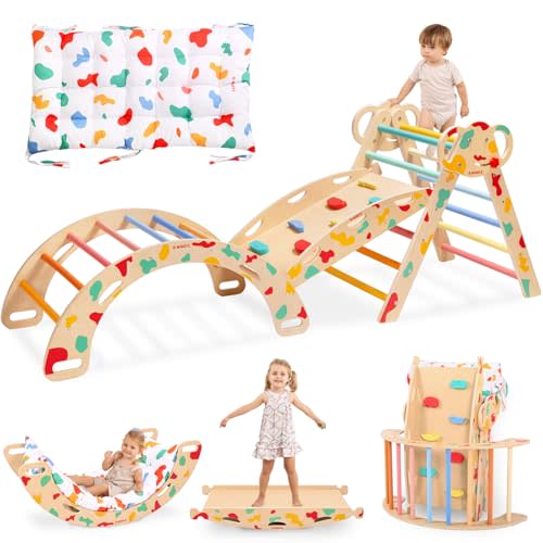 WINGYZ Pikler Triangle Set, Montessori Foldable 8-in-1 Jungle Gym & Reversible Animal Slide, Patent-Protected Climbing Set, Safe 2.35" Gap ASTM F963 Standards for Toddlers 18 Months-5 Years (Rainbow)