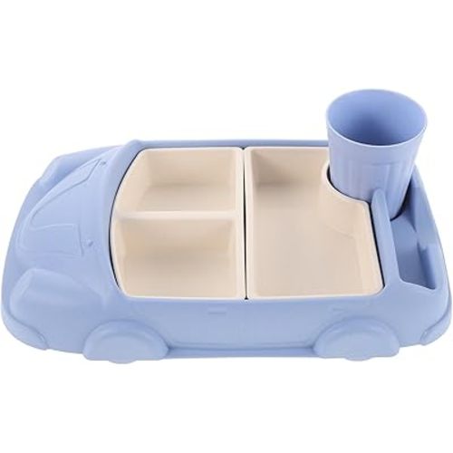 Toyvian Toddler Plate Divided Meal Tray, Car Shaped Plate Sections Dinner Dish with Cup Holder for Babies Kids Eating Food Grade Bamboo Fiber Platter for Child Blue