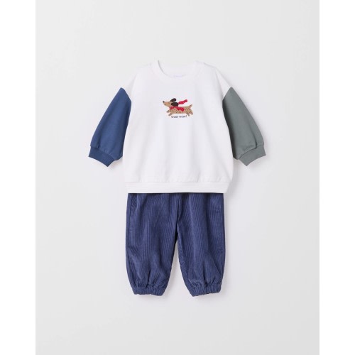 Baby Organic Cotton Fleece Sweater & Soft Cord Pants 2 Piece Set - Dachshund Navy | Target Australia